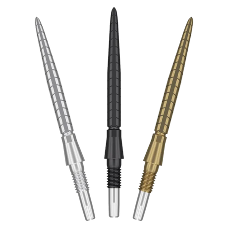 Three Swiss Storm Quartz dart points in silver, black, and gold, full view on white background showcasing grip pattern and color options