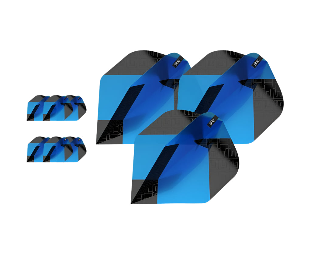 Three sets of blue and black No.2 dart flights arranged on white background, showcasing geometric pattern and standard dart flight shape.