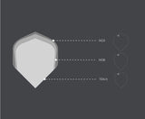 Top-down diagram showing dart flight size comparison for NO2, NO6, and TEN-X shapes, highlighting scale differences