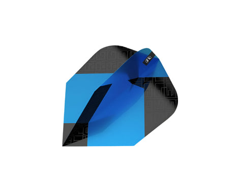 Close-up angled shot of a single TAG Blue No.6 dart flight with vivid blue and black geometric pattern, isolated on white background