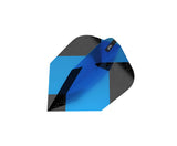Angled close-up of blue black Ten-X dart flight isolated on white, showing geometric texture and precision fold for dartboard stability