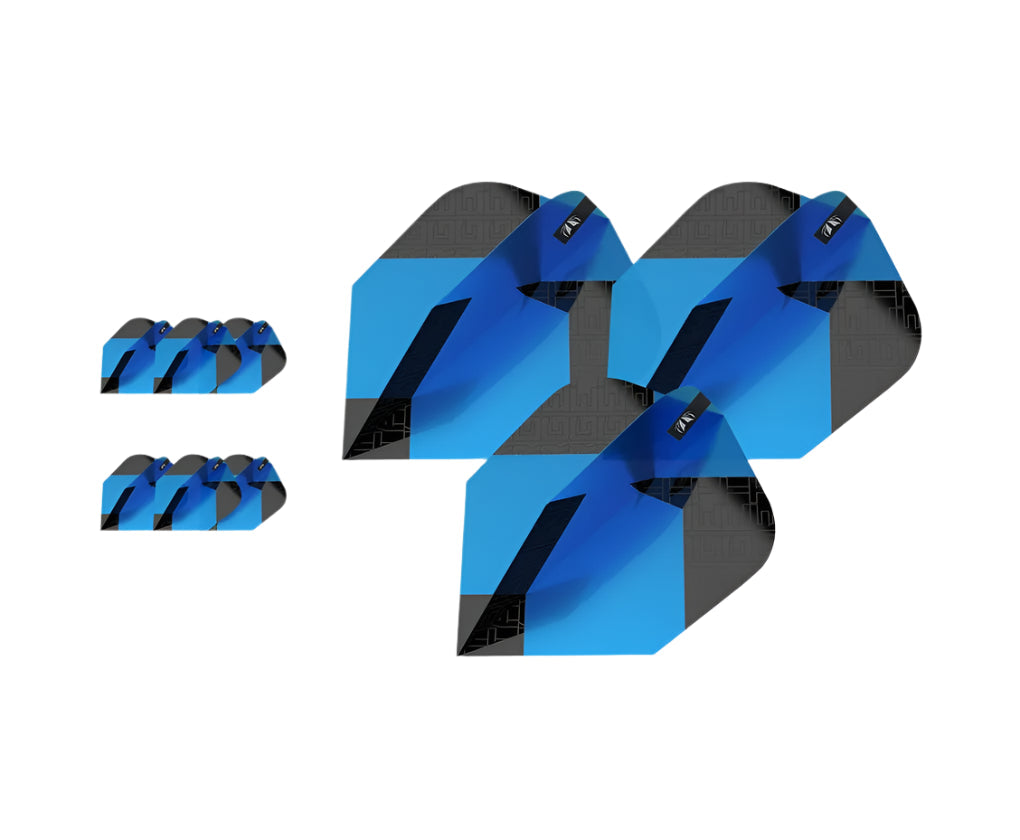 Angled view of 9 blue black dart flights from 3 sets, isolated on white background, textured pattern visible, grouped for quantity display