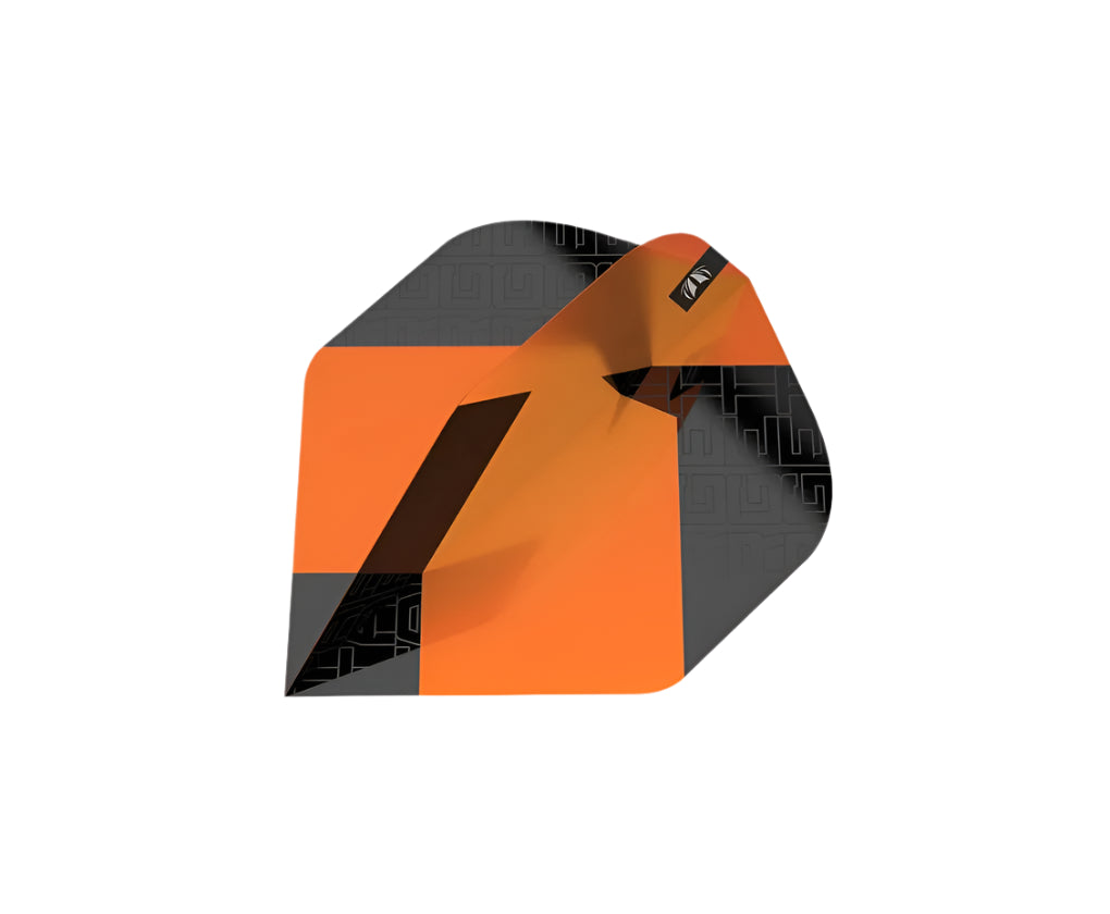 Angled close-up of orange and black dart flight on white background showing geometric pattern and detailed flight design