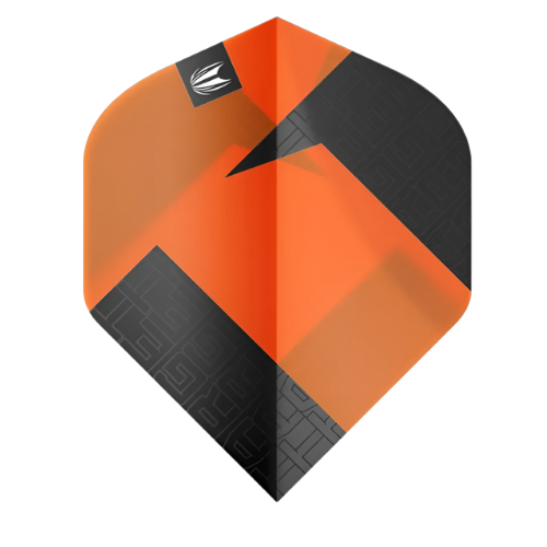 Single TAG Orange No.2 dart flight full view, black and orange geometric pattern, isolated on white for darts equipment buyers