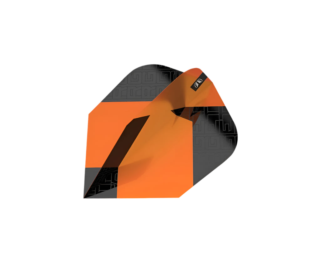 Angled close-up of orange and black No.6 dart flight, geometric pattern design, isolated on white background