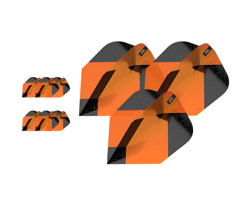 Three sets of orange and black No.6 dart flights fanned and isolated on white, showing sharp geometric pattern and flight shape.
