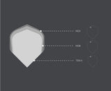 Top-down diagram comparing NO2, NO6, and TEN-X dart flight sizes, highlighting shape differences for flight selection