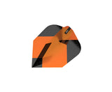 Single orange and black Ten-X dart flight angled to show geometric pattern, isolated on white background