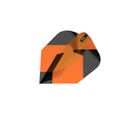 Single orange and black Ten-X dart flight angled to show geometric pattern, isolated on white background