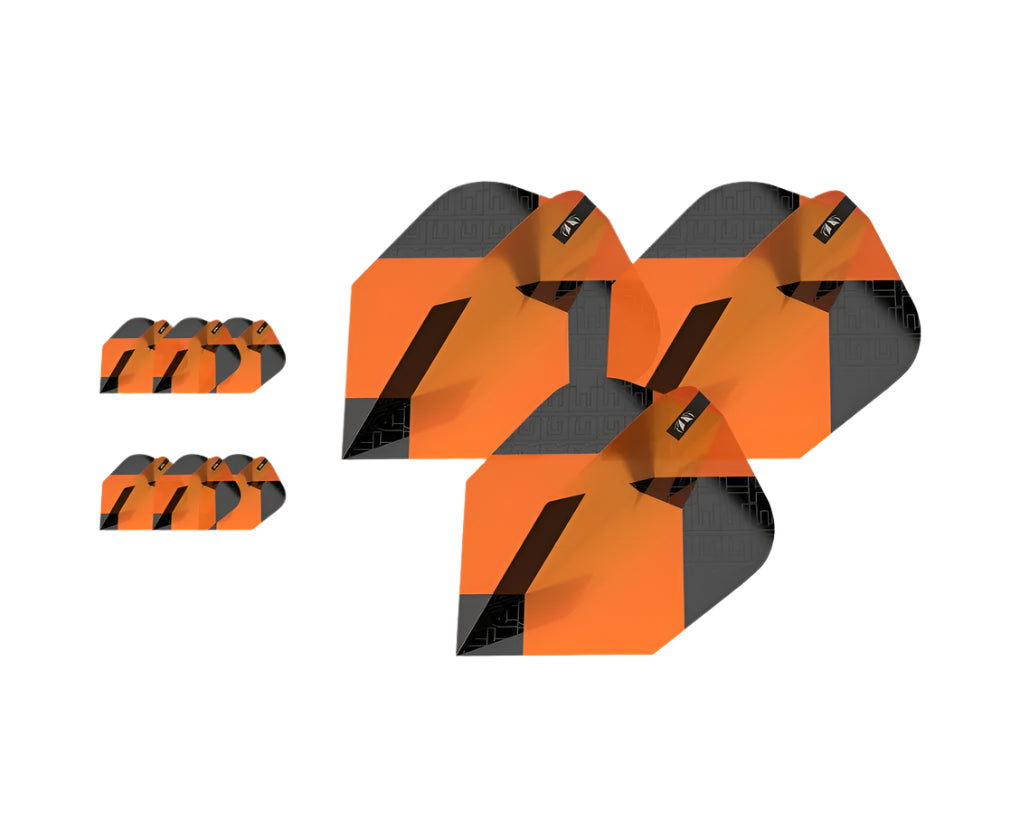Three sets of orange and black Ten-X dart flights arranged on white background, highlighting total quantity and angular flight design.