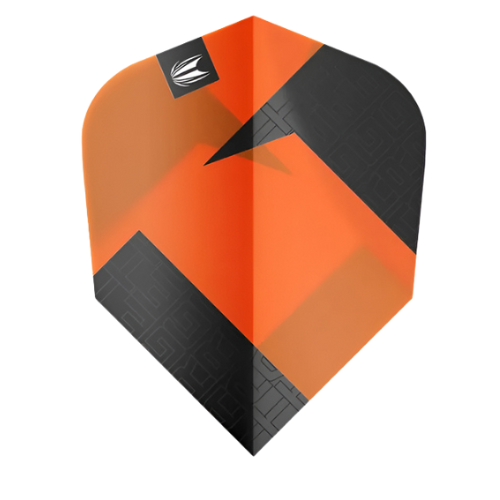 Single orange and black Ten-X dart flight with angular geometric pattern, full view on white background