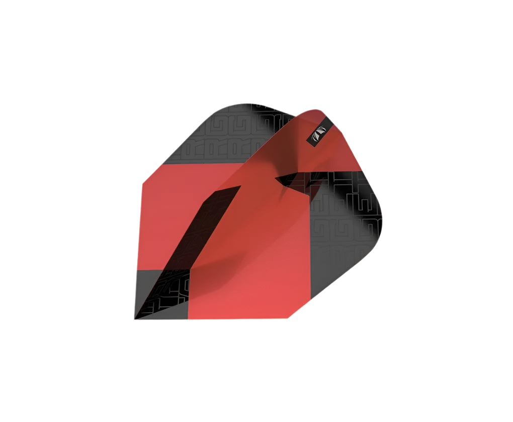 Angled close-up of a single red and black No.6 dart flight, isolated on white, highlighting geometric pattern and fold detail