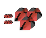 Three sets of red No.6 dart flights with geometric pattern, grouped and isolated on white for dart accessories shoppers
