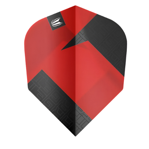 No.6 red dart flight with black geometric design shown flat against white background, highlighting surface pattern and flight shape.