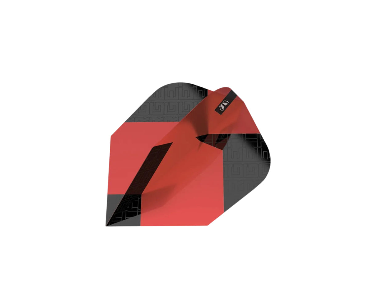 Angled close-up of a red and black Ten-X dart flight with geometric pattern, isolated on white background for dart accessories.