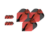 Red and black Ten-X dart flights three sets arranged on white background, highlighting aerodynamic shape and angular pattern