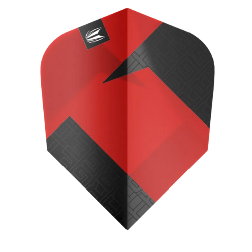Red and black Ten-X dart flight with angular pattern, full front view, isolated on white for dart accessories