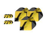 Angled view of three sets yellow black No.2 dart flights, geometric pattern, isolated on white, for dart accessories buyers