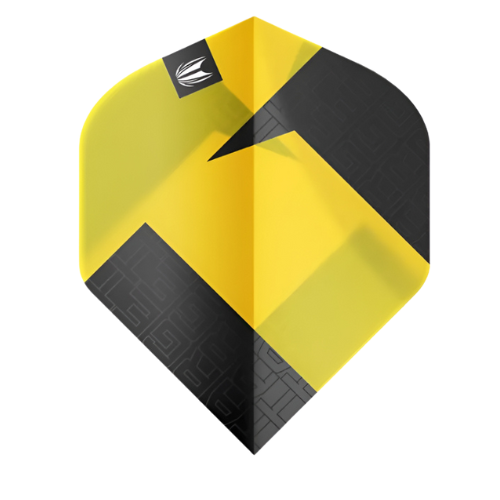 Close-up of yellow and black No.2 dart flight with geometric pattern, isolated on white, highlighting modern flight shape
