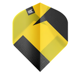 Close-up of yellow and black No.2 dart flight with geometric pattern, isolated on white, highlighting modern flight shape