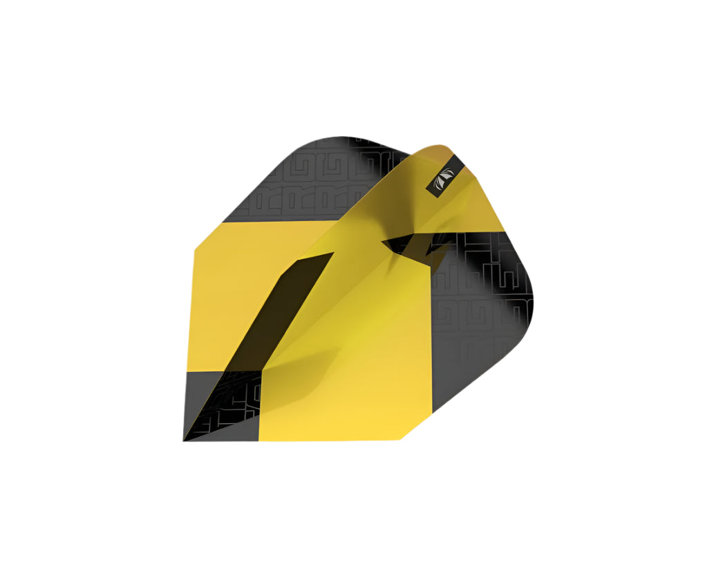 Angled close-up of yellow and black dart flight with geometric pattern, single piece isolated on white background for dart equipment