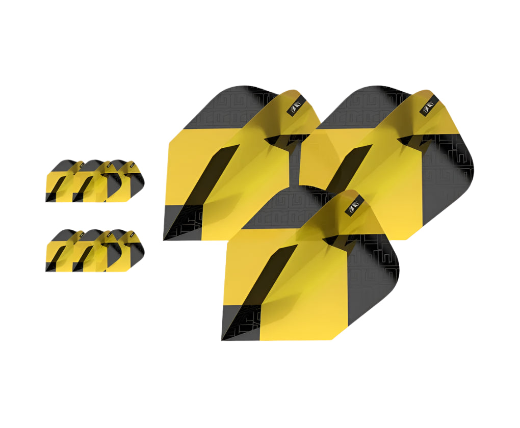 Angled display of 9 yellow and black dart flights, grouped by set, isolated on white with geometric design for dart accessories buyers