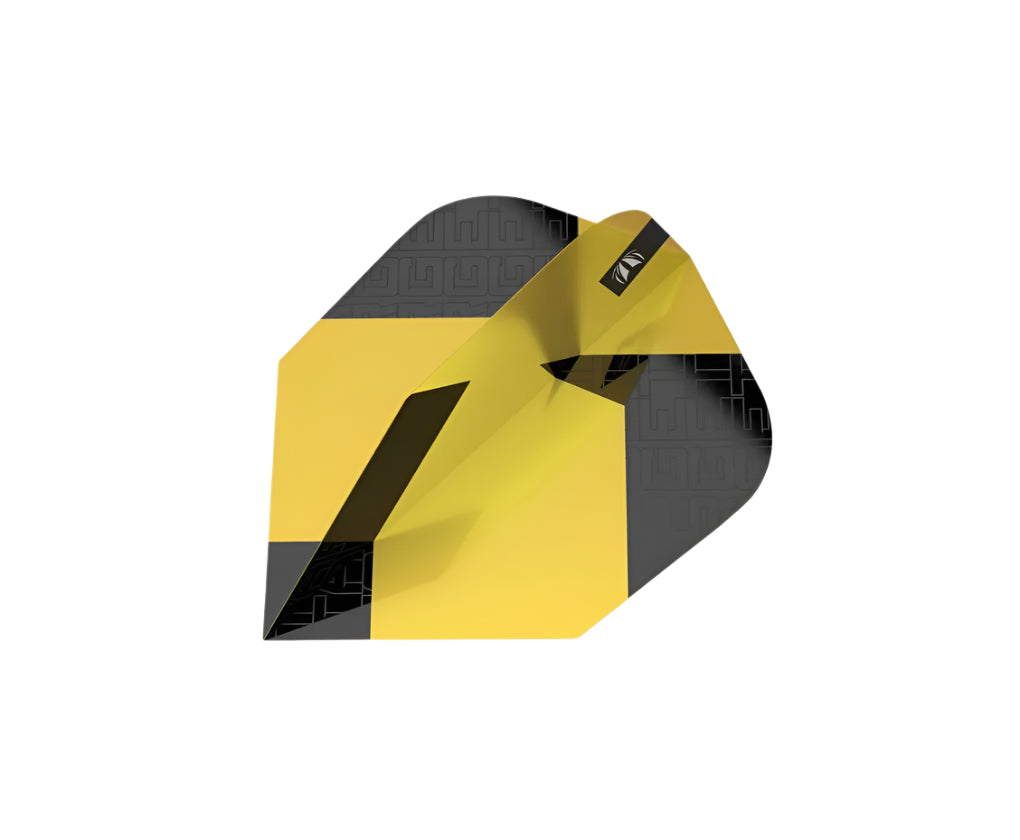 Angled close-up of yellow and black Ten-X dart flight isolated on white background, highlighting texture and aerodynamic fold design