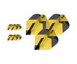 Yellow and black Ten-X dart flights, three sets of three, isolated on white, showing full shape and geometric pattern detail