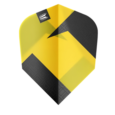Single yellow and black Ten-X dart flight full view, isolated on white background, showcasing angular design and durable material texture