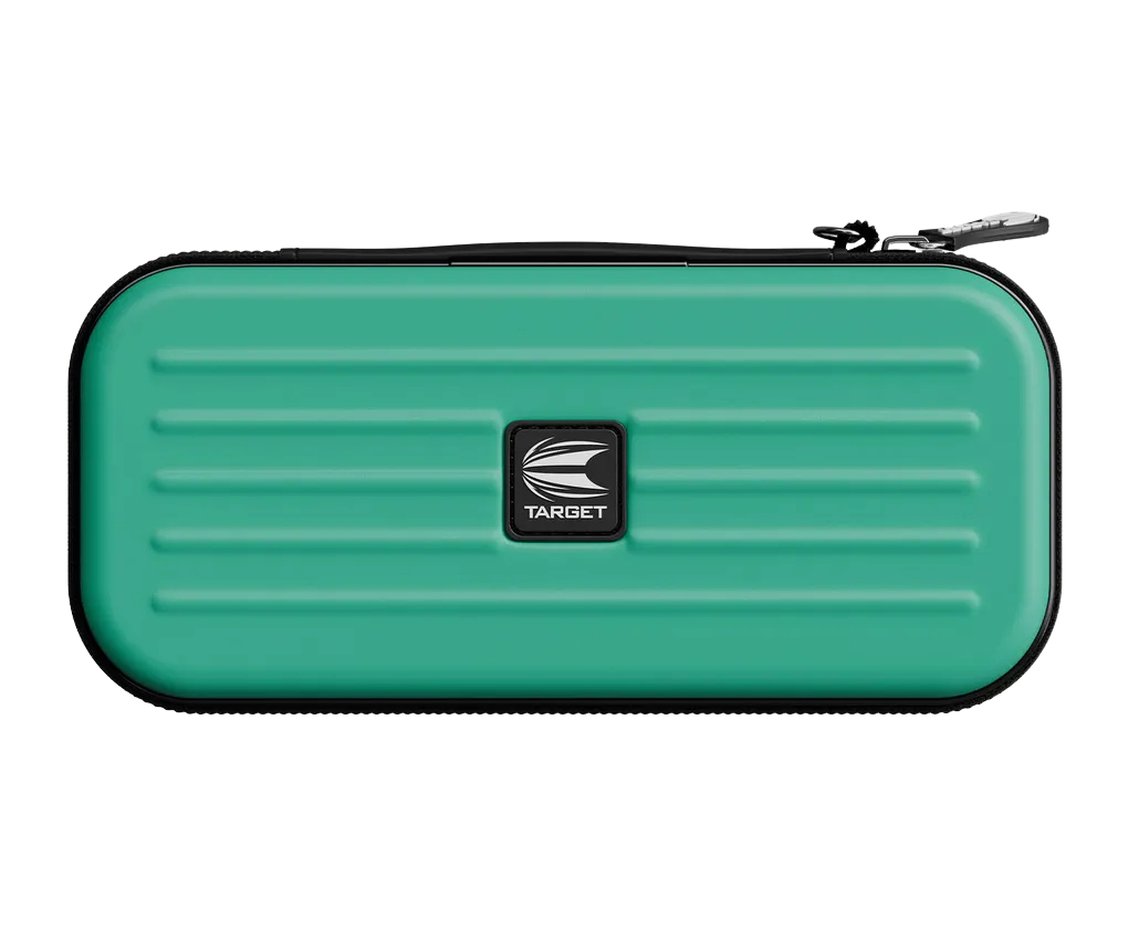 Aqua blue dart case with textured hard shell and zipper, top-down view on white background, ideal for dart storage and protection