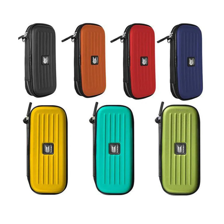 EVA dart cases in black, brown, red, blue, yellow, aqua, and green shown in full view, zipper detail, ridged protective shell