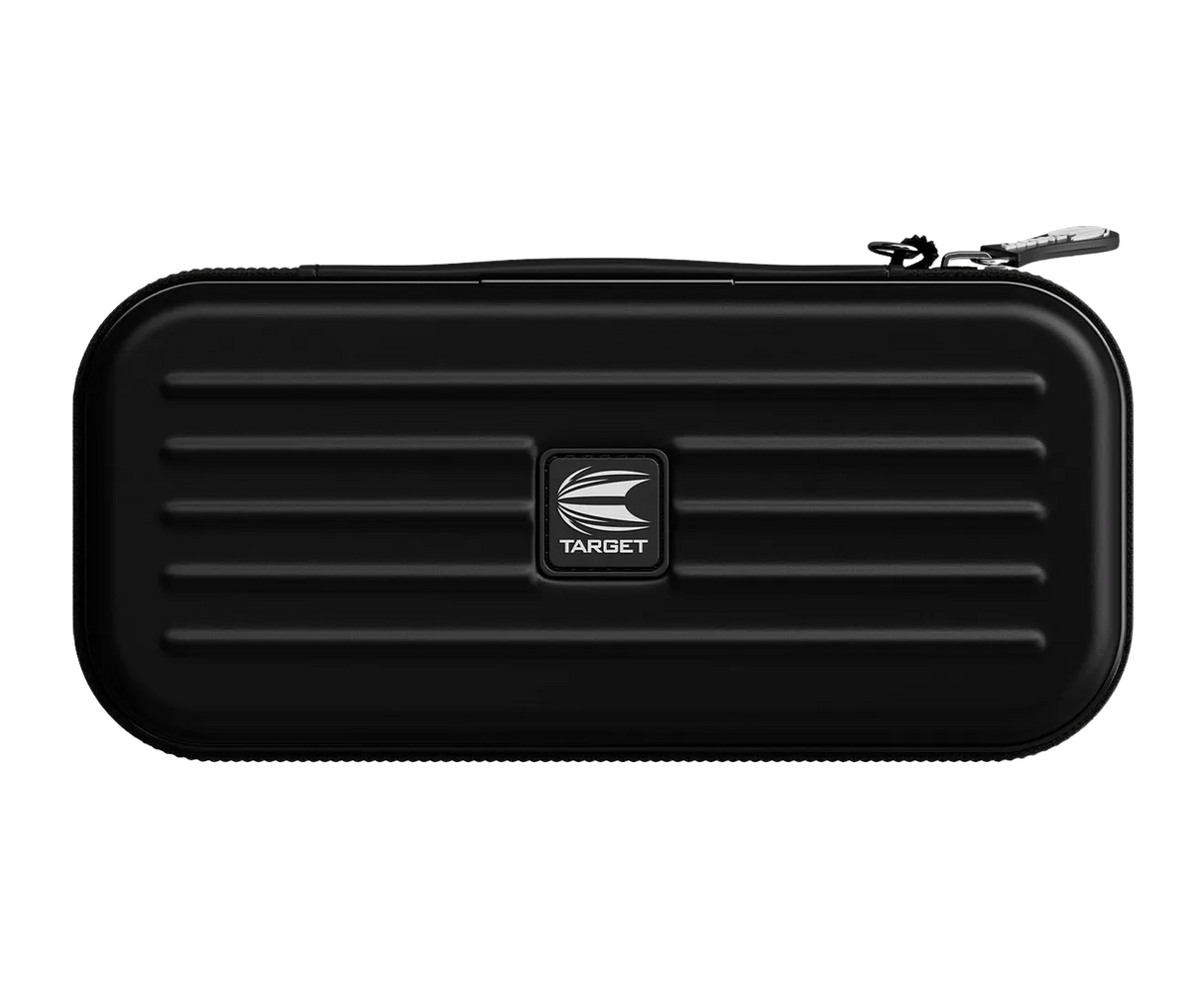 Black EVA darts case full front view, ridged protective exterior, zippered closure, isolated on white background for dart accessories