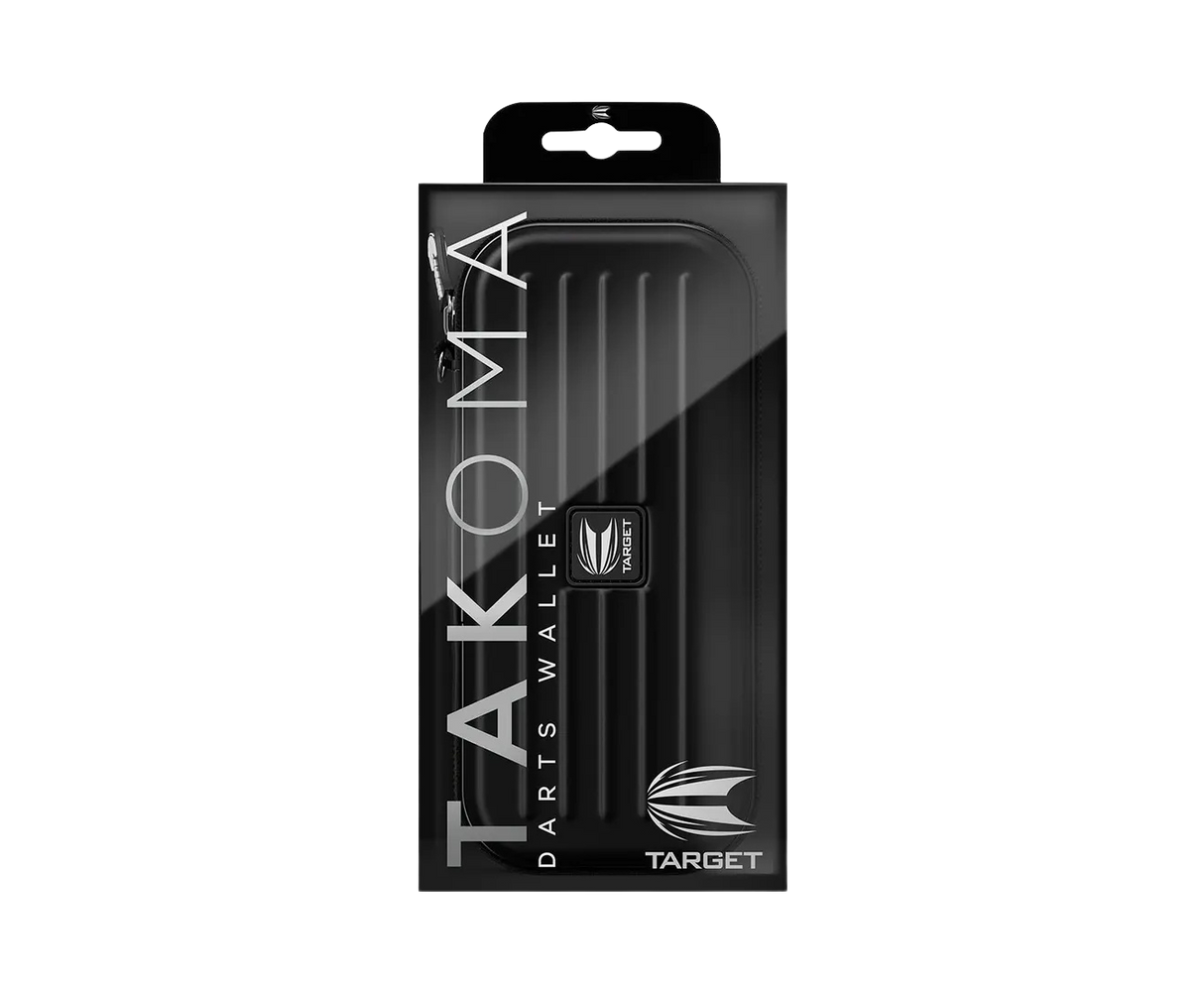 Full view of black darts case in retail packaging, hard EVA shell with zip closure, ideal for protecting and storing dart sets