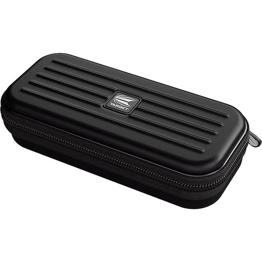 Black darts case with ribbed hard shell and zipper shown at an angle on white background, ideal for dart storage and protection