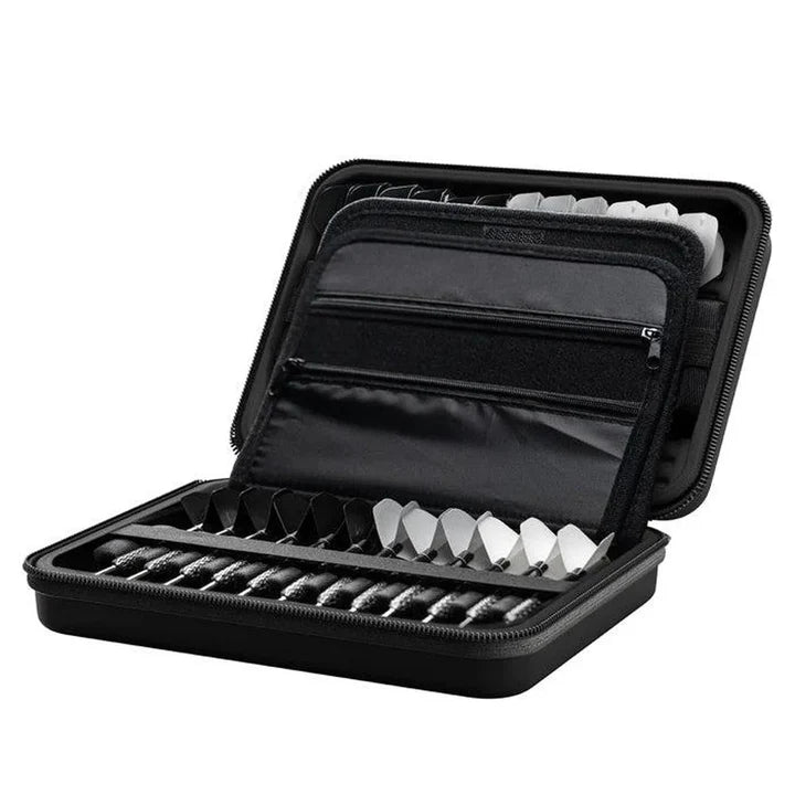 Angled view of open darts case with multiple dart barrels and flights neatly stored in compartments, zippered accessory pockets inside.
