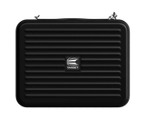 Large black dart case with horizontal ridges, zippered edges, and secure hard shell, full product view on white background