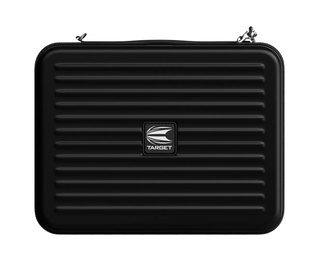 Large black dart case with horizontal ridges, zippered edges, and secure hard shell, full product view on white background