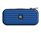 Top-down view of blue darts case with hard EVA shell, zipper closure, and dart storage ridges, isolated on white background