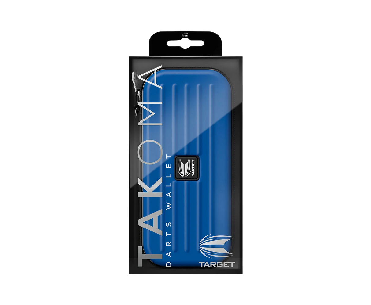 Full packaged view of blue Takoma darts case with hard shell design, vertical grooves, and compact storage, ideal for dart accessories