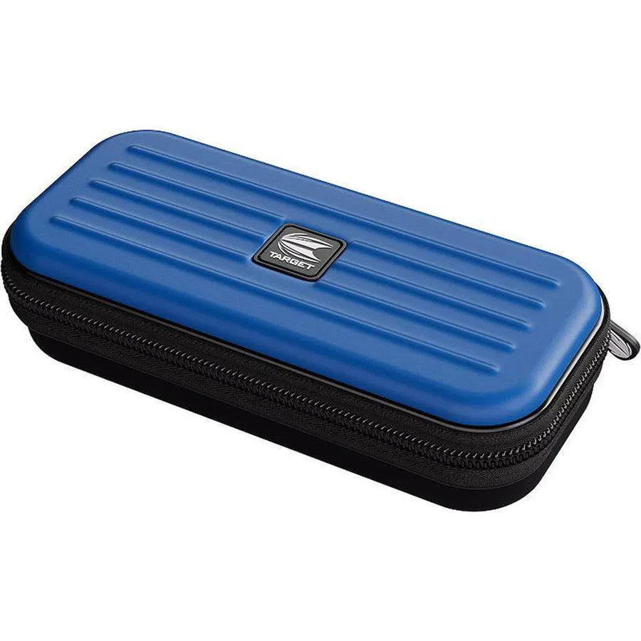 Blue EVA hard shell darts case with zip closure, angled view, isolated on white background for dart storage and protection