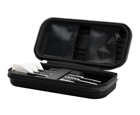 Open darts case with three assembled darts inside, elastic strap and mesh storage pockets, angled product display