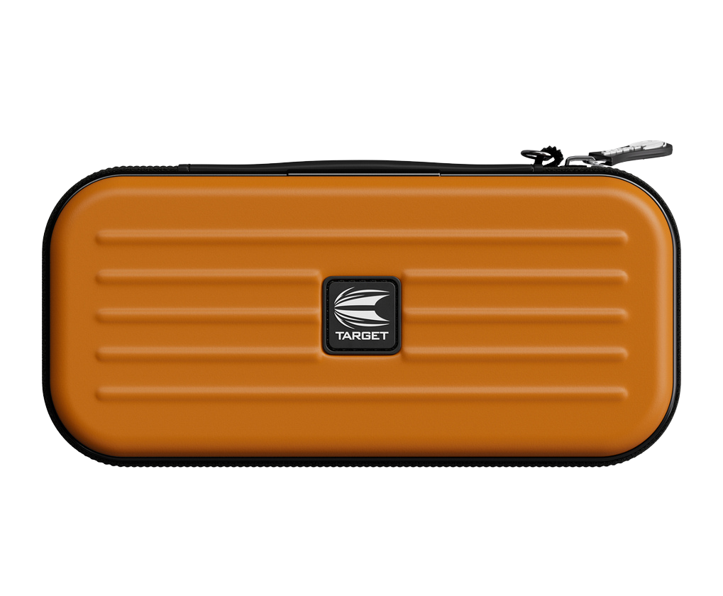 Orange EVA darts case with zip closure, protective ridged exterior, isolated on white background for dart storage