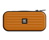 Orange EVA darts case with zip closure, protective ridged exterior, isolated on white background for dart storage