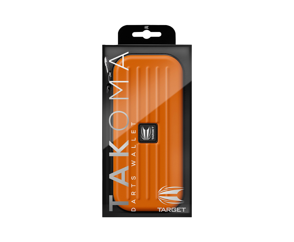 Orange Takoma darts case in retail packaging, full product view, hard shell case with ridged texture for dart storage and protection