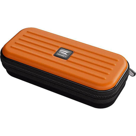 Orange EVA darts case with black zipper, hard shell protection, isolated on white background, angled full product view