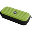 Angled view of green EVA darts case with ribbed protective shell and zipper, isolated on white for dart equipment storage