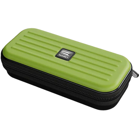 Angled view of green EVA darts case with ribbed protective shell and zipper, isolated on white for dart equipment storage