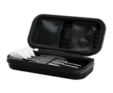 Open darts case with three assembled darts and mesh accessory pockets, angled view for dart storage and protection