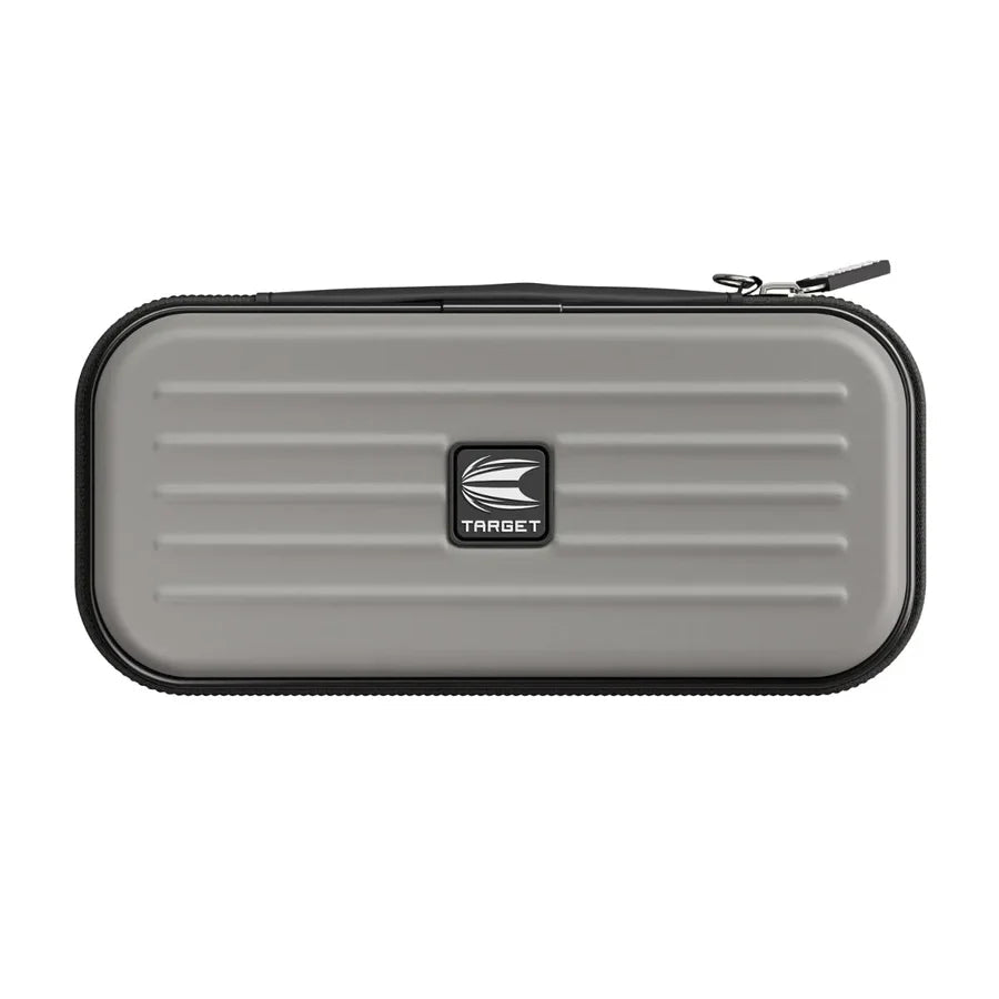 Full view grey dart case with zipper, ridged hard shell design, ideal for dart set and accessories storage