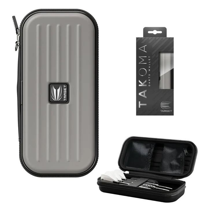 Takoma grey dart case full view with packaging and open interior holding darts and accessories, ideal for dart storage and transport